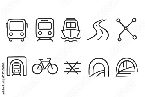 Transportation line icon set: bus, train, boat, road, cycling, bridge, tunnel