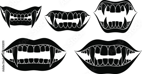 Vampire mouth illustration set, horror fang design, black and white lips, Halloween monster art, gothic teeth concept, spooky undead expression