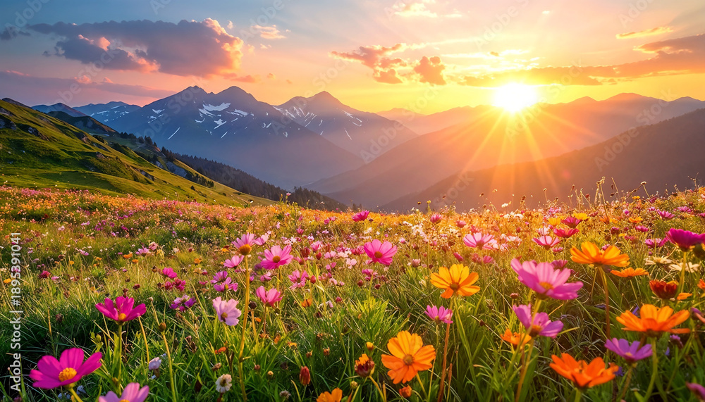 Obraz premium Wildflower field blooms during in the mountains at sunset.