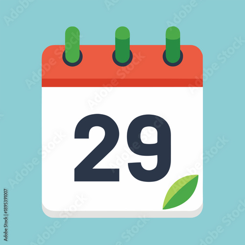 a flat illustration of a closed red calendar page displaying the number twenty nine with a green leaf detail