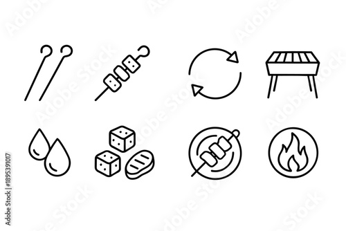 Barbecue essentials outline icon set. Grill, food, outdoor cooking linear icons collection