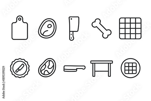Butcher shop line icon set. Meat, cleaver, steak, bone, cutting board icons collection