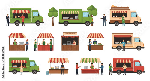 Colorful food trucks and market stalls offering various culinary delights