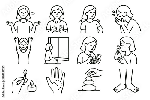 Candle mug face warm grounding icon tiny sit stress relief vector upward