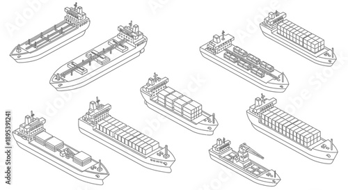 Line drawing depicting various cargo ships and tankers in isometric view