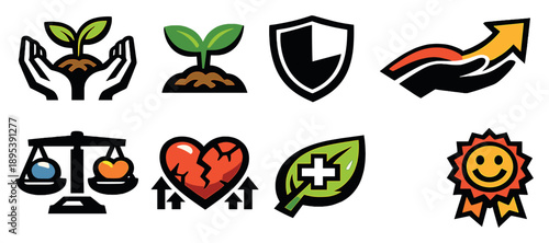 Nurturing and compassion flow in bold style: caring hands, growth sprout, protection shield, gentle guidance arrow, emotional balance scale, resilience heart. Vector icons