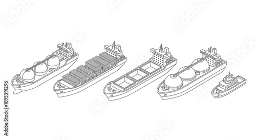 Line drawing of various cargo ships and tankers in a symmetrical arrangement