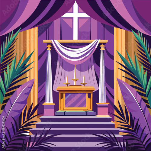 a colorful illustration depicts an altar adorned with draped fabric pillars and palm leaves representing a sacred religious scene
