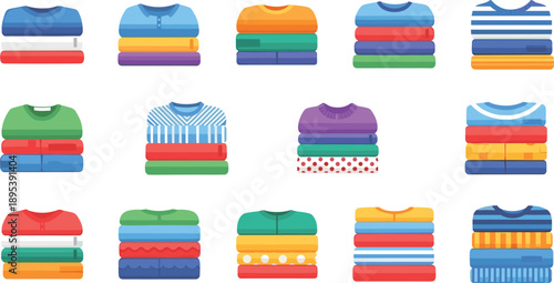 Folded clothes illustration set with colorful sweaters and shirts, wardrobe organization concept, fashion storage collection, laundry and closet management theme, flat vector design