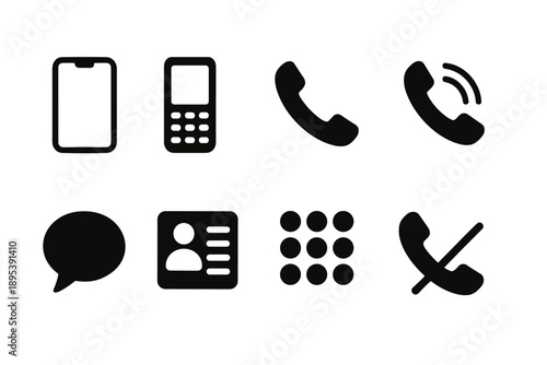 Communication solid icon set. Phones, messages, and contacts in solid style.