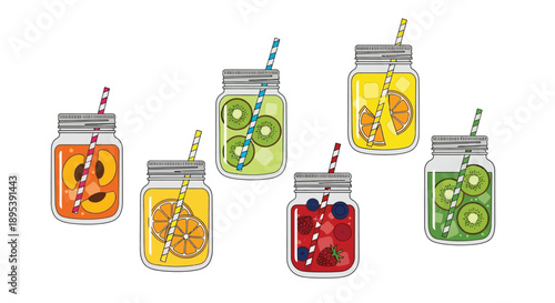 Colorful fruit infused water in mason jars with striped straws