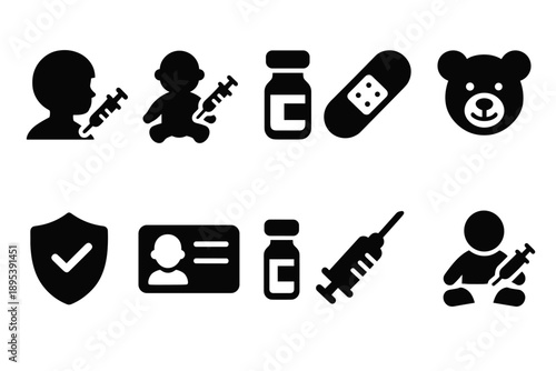 Vaccination silhouette icon set: child, vaccine, syringe, health symbols collection