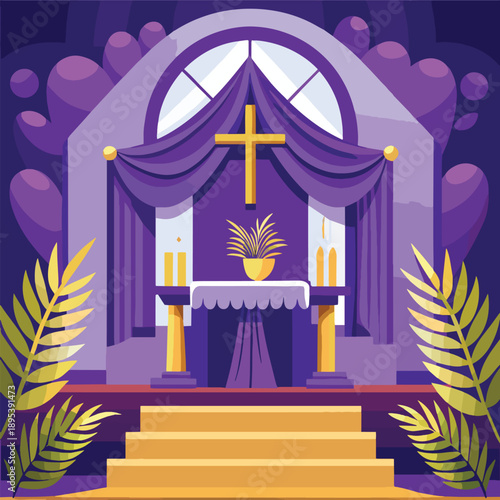 a colorful illustration depicting a church interior with an altar cross palm leaves and decorative drapery in shades of purple and gold