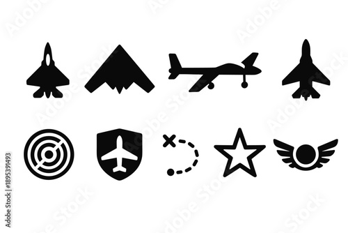 Military aircraft silhouette icon set: fighter jets, drones, symbols collection