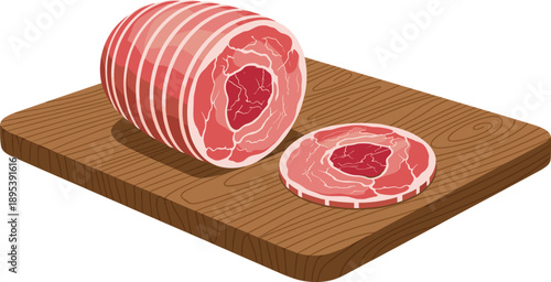 Raw rolled pork belly meat on wooden cutting board with sliced piece isolated flat vector illustration