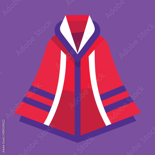 a vibrant illustration showcasing a red and purple hooded cloak with white detailing and a distinct stylized design aesthetic