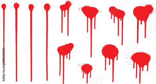 Red blood splatter dripping stains collection with paint splash drops isolated vector illustration set for horror crime design concepts