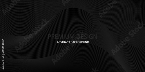 Black abstract background design. Modern wavy line pattern in monochrome colors. Premium stripe texture for banner, business backdrop. Dark horizontal vector template