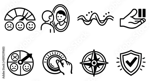 Self awareness and regulation in outline style: emotion meter, reflection mirror, breathing wave, impulse pause symbol, mood tracker, self control dial, clarity. Vector icons