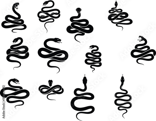 Snake silhouettes collection showing coiled venomous serpent poses isolated black vector illustration set for wildlife tattoo logo design elements graphics