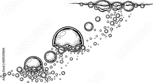 Water Bubble Line Art Vector Illustration Rising Air Bubbles Underwater Liquid Surface Abstract Clean Design Isolated Black White