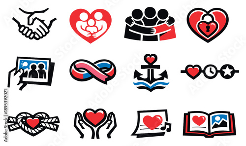 Heartfelt Relationships and Bonds in bold style: holding hands, family heart, close friends circle, trust lock heart, shared memory photo, togetherness ribbon. Vector icons
