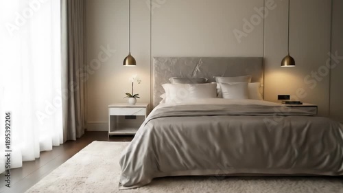 A serene and luxurious bedroom featuring a large bed with crisp white linens, a textured headboard, and a delicate orchid plant on a nightstand. Natural light filters through sheer curtains.