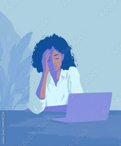 Stressed Woman Working on Laptop Illustration Representing Burnout and Mental Fatigue