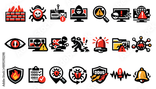 Cybersecurity Analyst Threat Detection in bold style: firewall icon, malware warning, phishing alert, intrusion detection, risk analysis, breach monitor. Vector icons