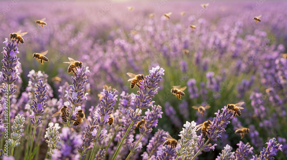 Obraz premium Bees pollinating vibrant lavender flowers in a lush field during sunset, showcasing nature's beauty and the importance of pollinators in agriculture