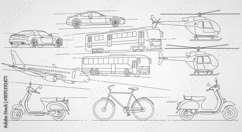 Collection of various transportation vehicles in motion line art.