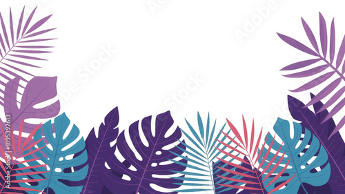 Tropical Foliage Border Design with Stylized Monstera and Palm Leaves in Shades of Purple, Teal, and Coral Pink for Summer Vacation Backgrounds