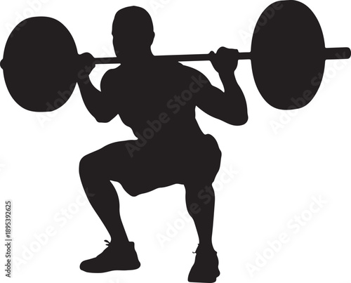 Silhouette of man performing barbell squat on white background