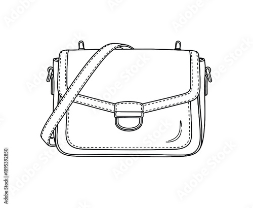 Line drawing of a rectangular satchel purse with a flap, top stitching, and a buckle. It has a long strap and side clasps, suggesting functionality.