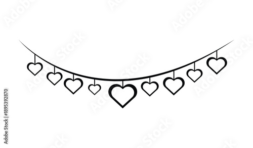 Outline heart shapes suspended on a string, forming a decorative, delicate garland