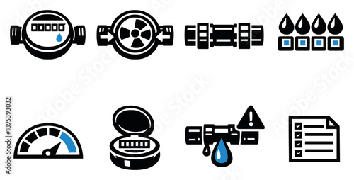 Water consumption metering in bold style: water meter, flow indicator, pipe connection, droplet counter, usage gauge, meter cover, leak alert icon, reading log. Vector icons