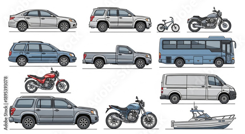 Collection of Various Vehicles and Transportation Modes.