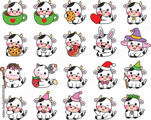 Cartoon cow icons, cute animal characters, funny costumes, party hats, holiday themes, food accessories, playful vector, children illustration, decorative design
