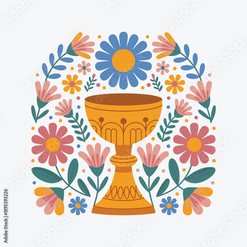 Holy Communion Chalice with Floral Wreath Christian Celebration Illustration Vector