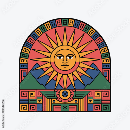 Ancient Sun God Geometric Emblem Colorful Tribal Vector Illustration