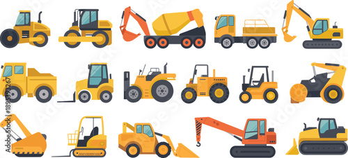 Construction vehicles icons, heavy machinery, excavator, bulldozer, crane, dump truck, forklift, road roller, engineering equipment, colorful vector illustration, industry design