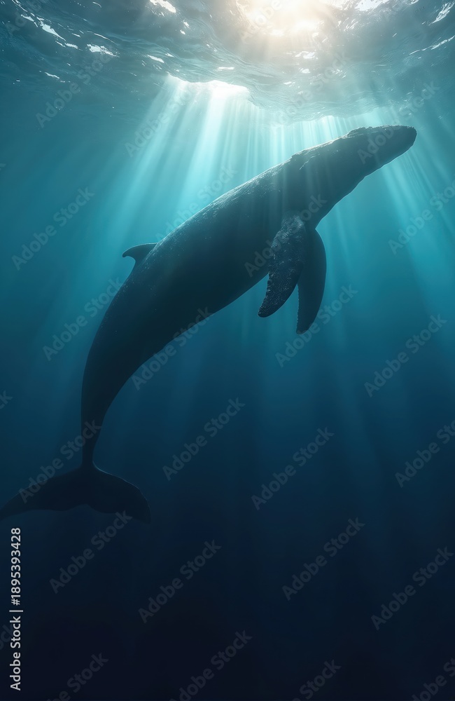 Fototapeta premium Giant whale swims deep underwater. Sunbeams pierce blue ocean water surface. Large marine mammal in dark abyss. Ocean life majestic creature.