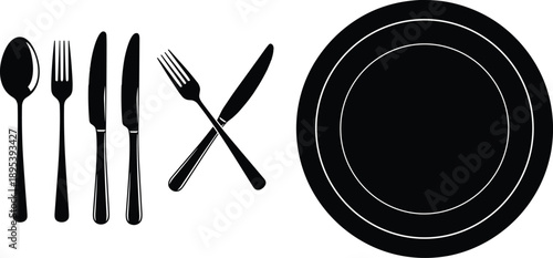 Cutlery and plate silhouettes featuring spoon, fork, knives, and dishware, isolated vector set ideal for restaurant branding, dining concepts, and kitchen design.