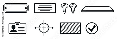 Name plates overview in outline style: name plate sign, engraved text, mounting screws, surface backing, identification label, alignment guide, finish texture. Vector icons