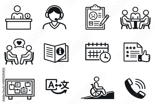 Tenant Support Services in outline style: help desk counter, support agent headset, complaint form, mediation table, counseling icon, information brochure. Vector icons