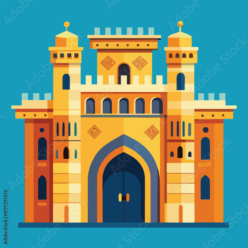 a vibrant illustration depicts a stylized ornate medieval castle with golden hues and intricate architectural details against a teal background