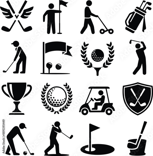 Golf icons, sport vector, player silhouettes, clubs, ball, trophy, cart, swing, putt, hole flag, laurel wreath, shield, minimalist design