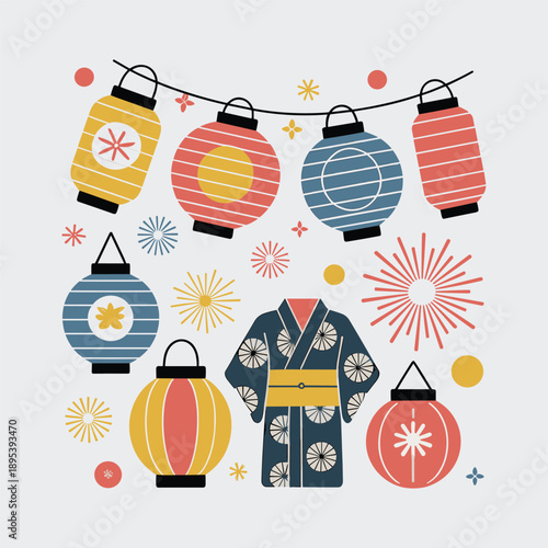 Foto Japanese Festival Lanterns and Kimono Decorative Illustration Traditional Asian