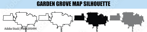 Garden grove map silhouette set with various styles including black fill and transparent outline for geographical design