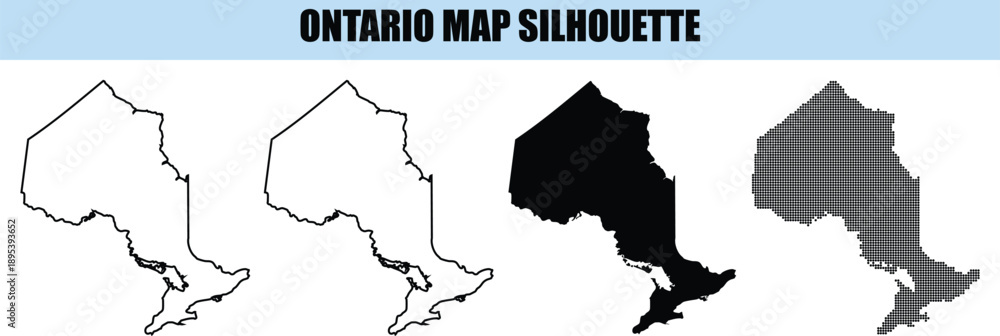 Fototapeta premium Ontario map silhouette graphics collection with provincial borders in black fill and outlined styles for canadian designs
